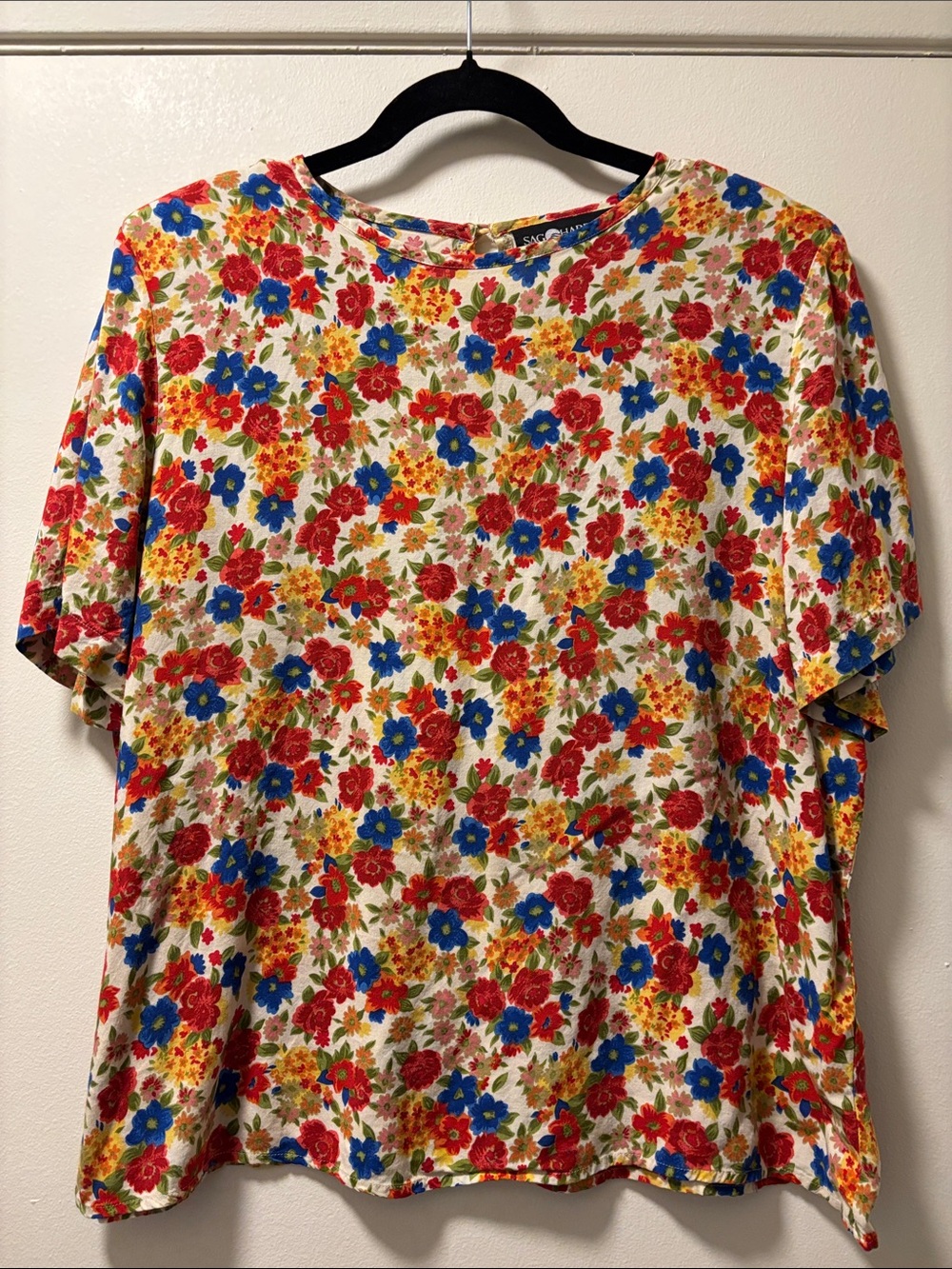 Sag Harbor Floral Short Sleeve Tee in Red, Blue, Yellow on Cream